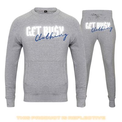 G£T BU$Y ROYAL BLUE SCRIPT LOGO REFLECTIVE GLITTER CREWNECK TRACKSUIT - GREY