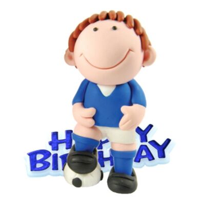 Topper de gâteau en résine de footballeur bleu et devise bleue Happy Birthday