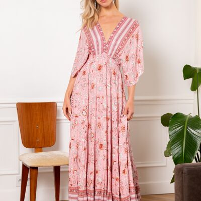 Vestido largo espalda descubierta estampado bohemio con pompones