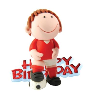 Topper de gâteau en résine de footballeur rouge et devise rouge Happy Birthday