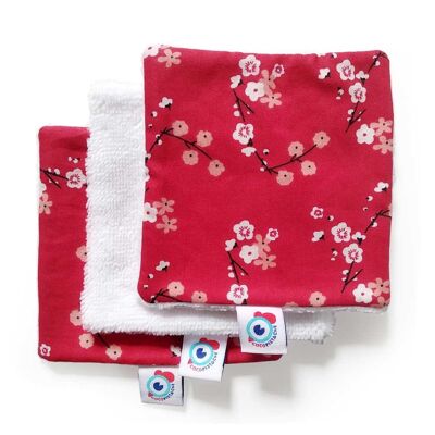 3 or 6 squares washable make-up remover WIPES red bamboo with flowers 10x10cm - Set of 3