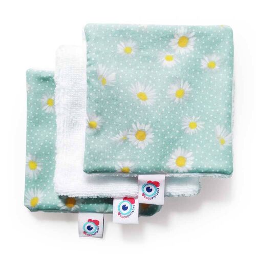 3 ou 6 carrés LINGETTES tissu démaquillantes lavables bambou marguerites bleu 10x10cm - Lot de 3