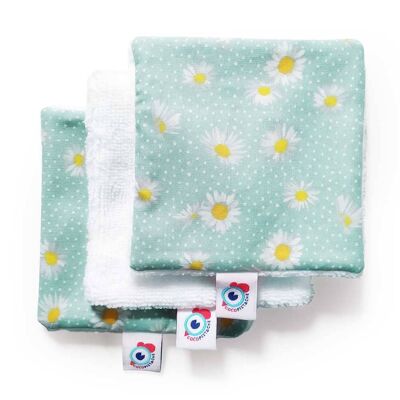 3 or 6 square WIPES washable make-up remover bamboo blue daisies 10x10cm - Set of 3