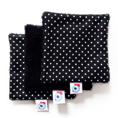 3 ou 6 carrés LINGETTES démaquillantes lavables bambou noir pois blanc 10x10cm - Lot de 3