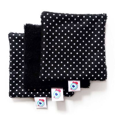 3 or 6 washable make-up remover wipes squares black bamboo white dots 10x10cm - Set of 3