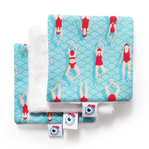 3 ou 6 carrés LINGETTES démaquillantes lavables nageuses bleu et rouge 10x10cm - Lot de 3