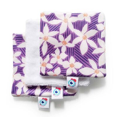 Toallitas desmaquillantes lavables 3 o 6 cuadrados bambú retro flores violetas 10x10cm - Set de 6
