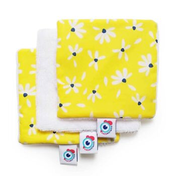 3 ou 6 carrés LINGETTES démaquillantes lavables bambou jaune fleurs 10x10cm - Lot de 3