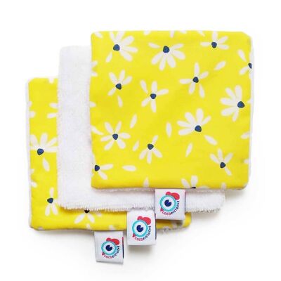 3 o 6 toallitas desmaquillantes lavables cuadrados flores de bambú amarillas 10x10cm - Pack de 6