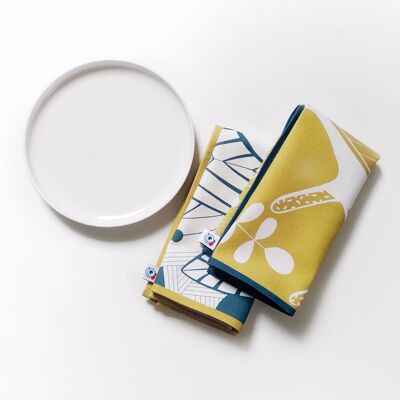 2 or 4 Tropical jungle mustard and blue napkins - Family Tropico Coco 40x40cm - Set of 2