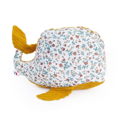 DOUDOU fleur bébé fille garçon baleine coton et velours moutarde 21cm