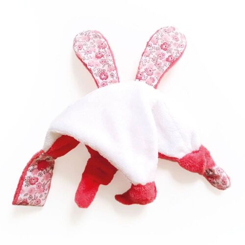 DOUDOU plat LAPIN fait main bébé fille garçon coton fleurs éponge douce blanche et corail 25x25cm