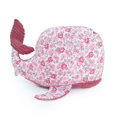 DOUDOU rose à fleurs bébé fille garçon baleine coton et velours côtelé 21cm