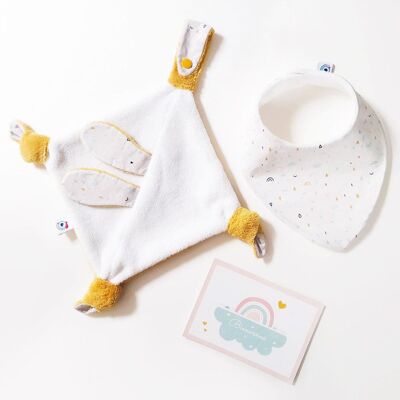 BIRTH GIFT Pack baby girl boy €29 rainbow / Rabbit flat comforter + 1 Bib + 1 birth card
