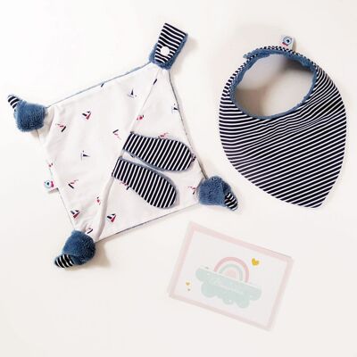 BIRTH GIFT pack for baby girl boy €29 small sailor boats / Rabbit flat comforter + 1 Bib + 1 birth card