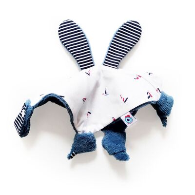 Doudou Teller Kaninchen handgefertigt Baby Mädchen Junge Baumwolle klein weich Schwamm Boot blau 25x25cm