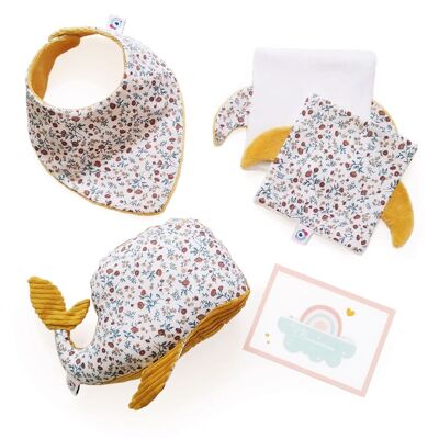 BIRTH GIFT pack baby girl boy €51 floral / 1 Whale soft toy + 2 Wipes + 1 Bib + 1 Postcard