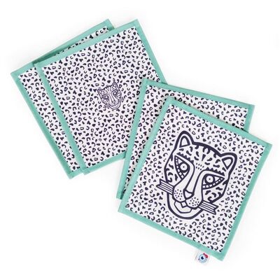 4 or 6 aperitif cocktail napkins in Grrr leopard fabric turquoise blue napkin 16x16cm - Set of 4