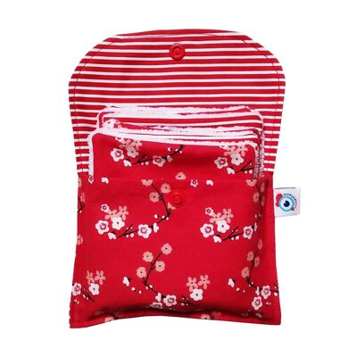 Kit POCHETTE + 6 toallitas desmaquillantes lavables cuadritos bambú flores rojas marinière