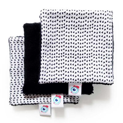 3 or 6 make-up remover squares washable bamboo WIPES black and white triangles 10x10cm - Set of 3