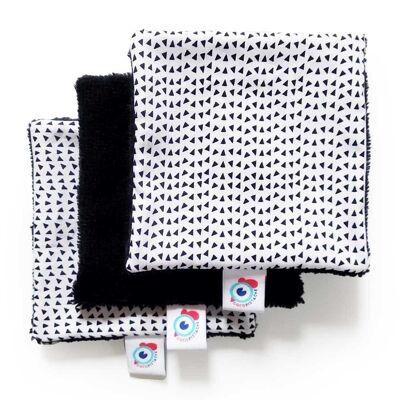 3 ou 6 carrés démaquillants LINGETTES lavables bambou triangles noir et blanc 10x10cm - Lot de 6