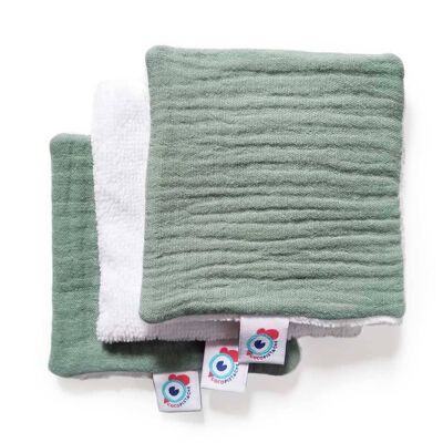 3 o 6 toallitas desmaquillantes lavables cuadradas bambú verde tilo liso 10x10cm - Pack de 3