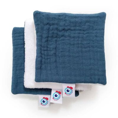 3 o 6 toallitas desmaquillantes reutilizables lisas gasa de algodón azul liso 10x10cm - Set de 3