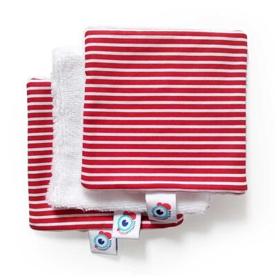 Toallitas desmaquillantes lavables 3 o 6 cuadrados bambú marinière rojo 10x10cm - Set de 3