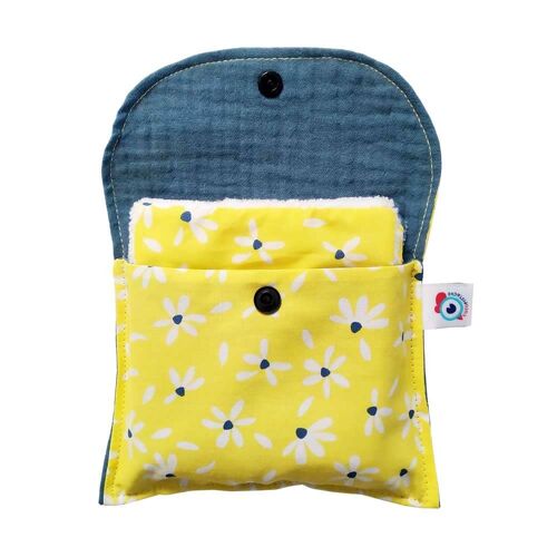 Kit POCHETTE + 6 carrés LINGETTES démaquillantes lavables bambou jaune fleurs gaze bleue