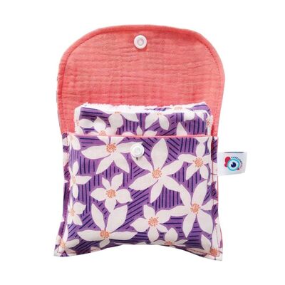 Kit POCHETTE + 6 square washable make-up remover WIPES purple bamboo flowers coral gauze
