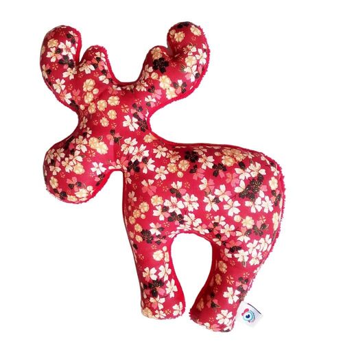 DOUDOU rouge à fleurs bébé fille garçon élan noel coton et éponge de bambou 28cm