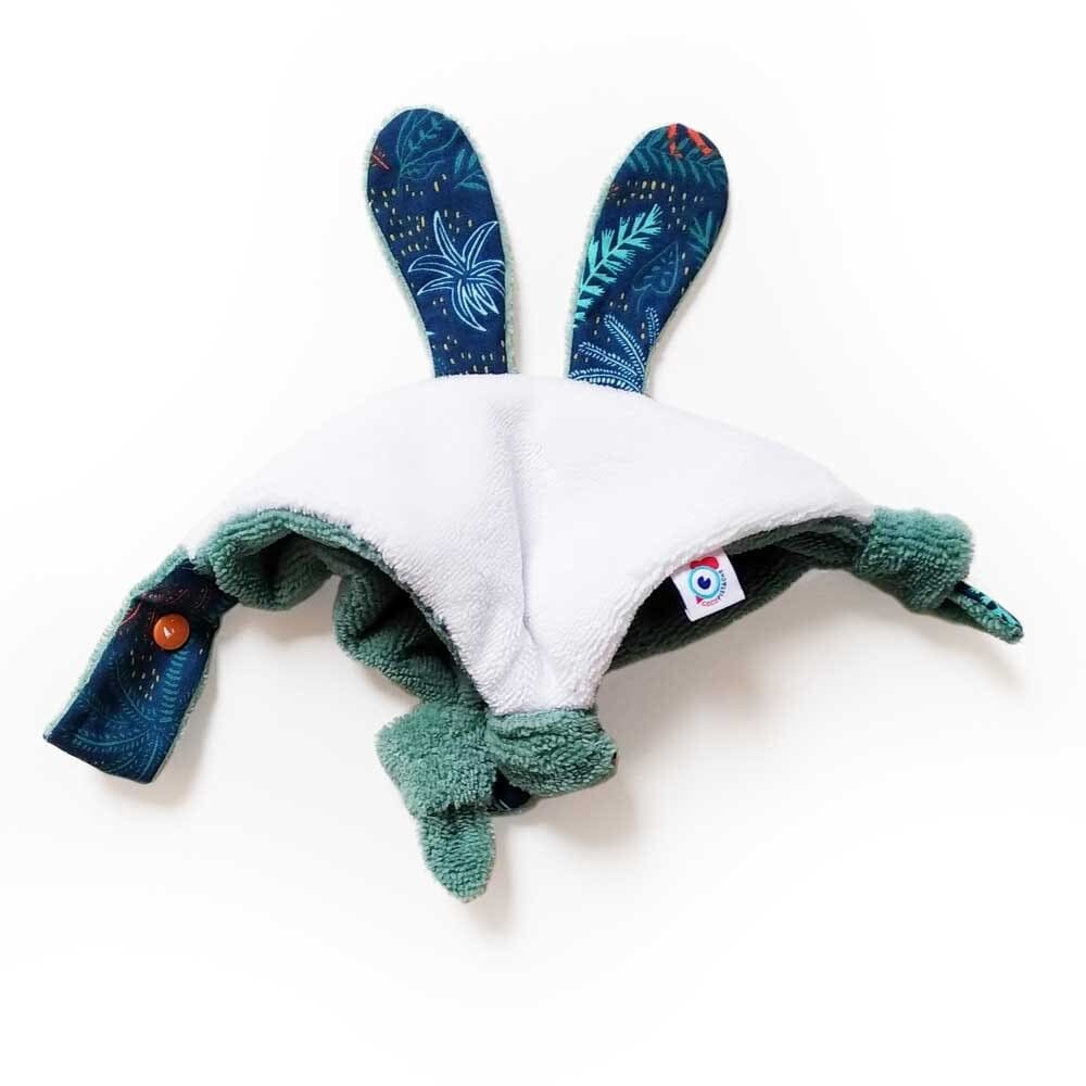 DOUDOU piatto CONIGLIO fatto a mano bambina bambino cotone piante tropicali verde spugna morbida 25x25cm