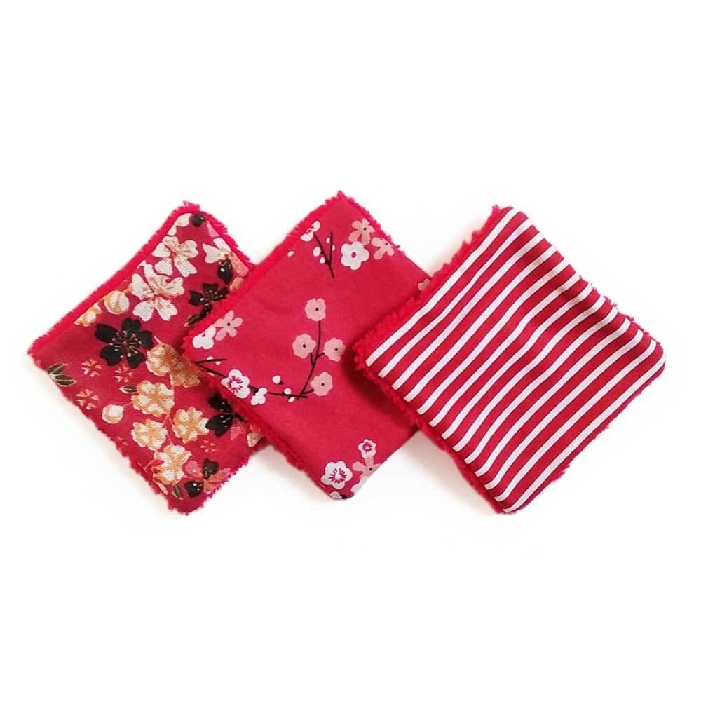 3 mini quadretti struccanti lavabili bambù salviette rosse per labbra 6x6cm