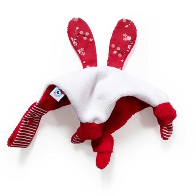 DOUDOU plat LAPIN fait main bébé fille garçon coton marinière fleurs éponge douce blanche et rouge 25x25cm