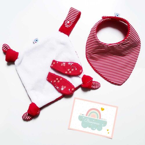 Pack CADEAU NAISSANCE bébé fille garçon 29 € rouge / Doudou plat lapin + 1 Bavoir + 1 carte naissance