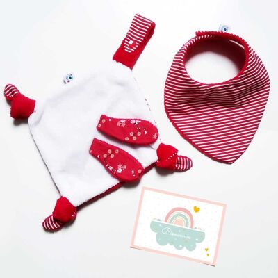 Confezione REGALO NASCITA per bimba bimba € 29 rosso / Piumino piatto coniglio + 1 bavaglino + 1 biglietto nascita