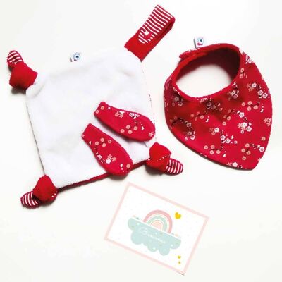 BIRTH GIFT pack for baby girl boy €29 red flowers / Rabbit flat comforter + 1 Bib + 1 birth card