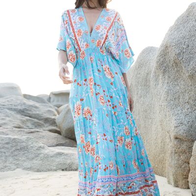 Bohemian print backless long dress with pompoms