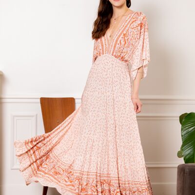 Bohemian print backless long dress with pompoms