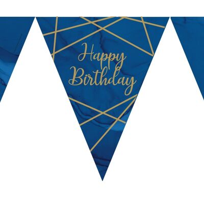 Banderines de papel con geoda azul marino y dorado, lámina de feliz cumpleaños estampada