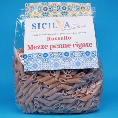 Pâtes complètes Russello Mezze Penne Rigate - Fabriquées en Italie (Sicile)