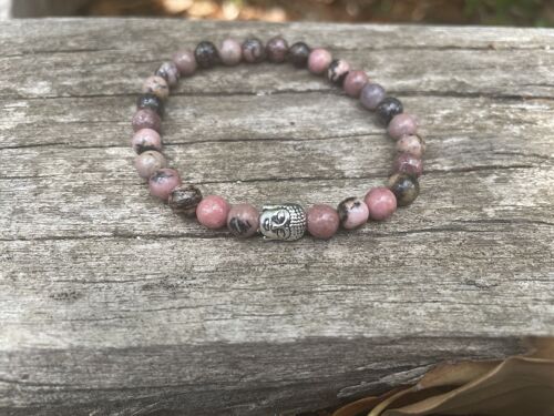 Bracelet élastique de Lithothérapie en Rhodonite naturelle - Perles de 6mm tête bouddha argentée