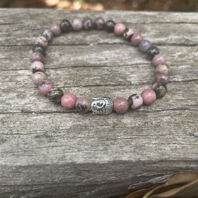 Bracciale elastico per litoterapia in rodonite naturale - Perle di testa di Buddha in argento da 6 mm