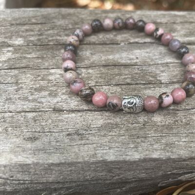 Lithotherapy elastic bracelet in natural Rhodonite - 6mm silver Buddha head beads