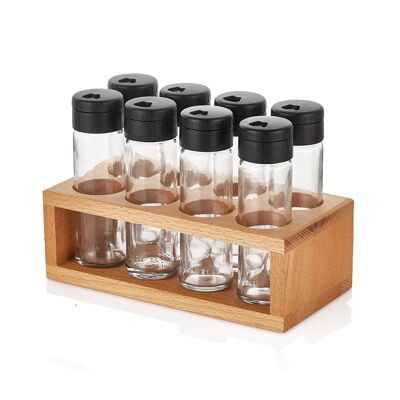 Wooden spice rack with 8 spice jars