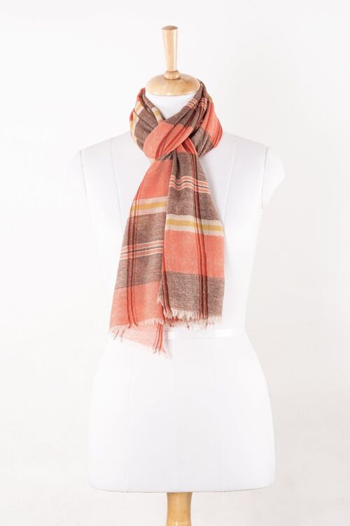 Yarn Dyed Checks and Stripes Merino Wool Scarf - Pink Brown