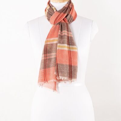 Yarn Dyed Checks and Stripes Merino Wool Scarf - Pink Brown