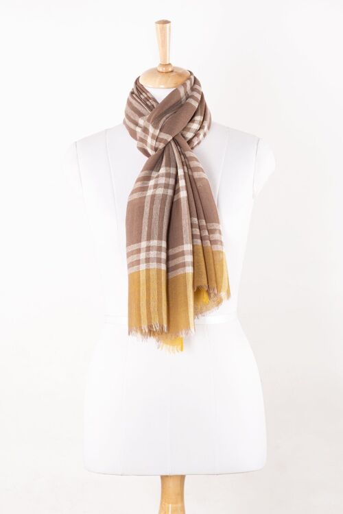 Yarn Dyed Windowpane Checks Twill Weave Merino Wool Scarf - Beige Ochre