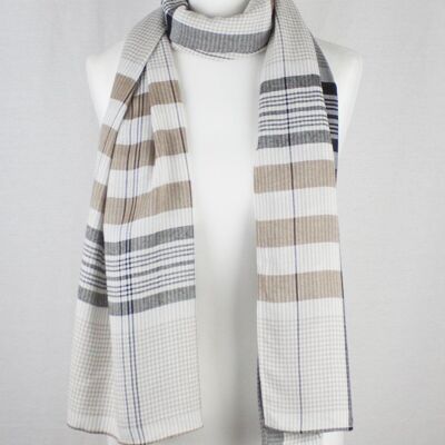 Checks and Stripes Textured Weave Viscose Scarf - Beige Black Off-White