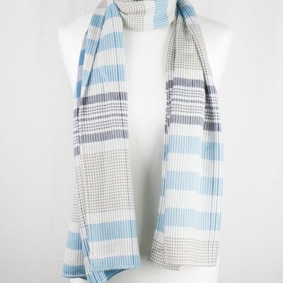 Checks and Stripes Textured Weave Viscose Scarf - Blue Navy Beige